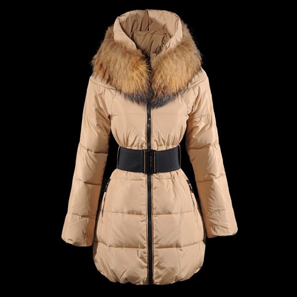 Moncler Moda Khaki cintura e collo di pelliccia lunga Cappotti